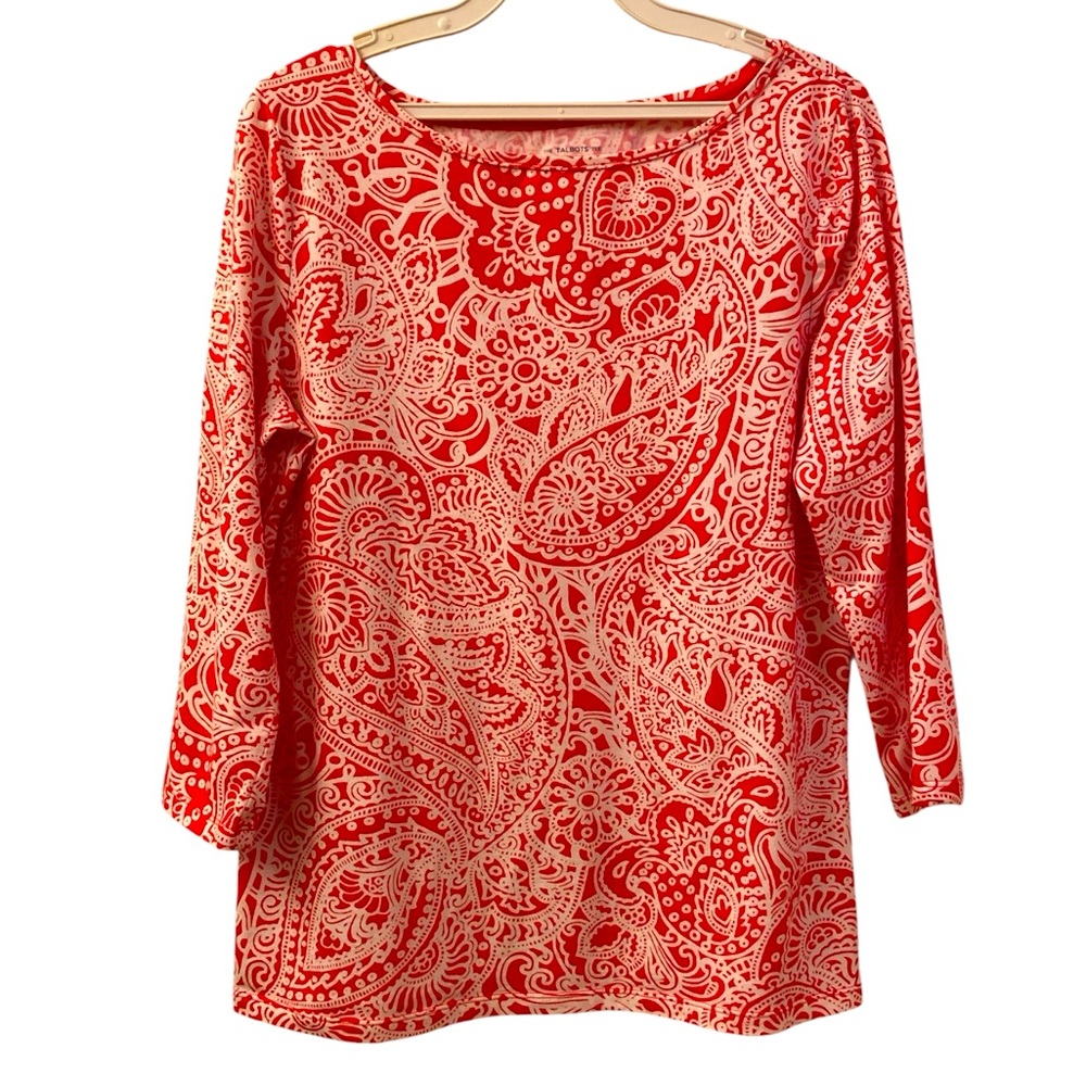 Talbots Tee Top Jersey Red White Paisley Floral Print 3/4 Sleeve WM SZ M Petite